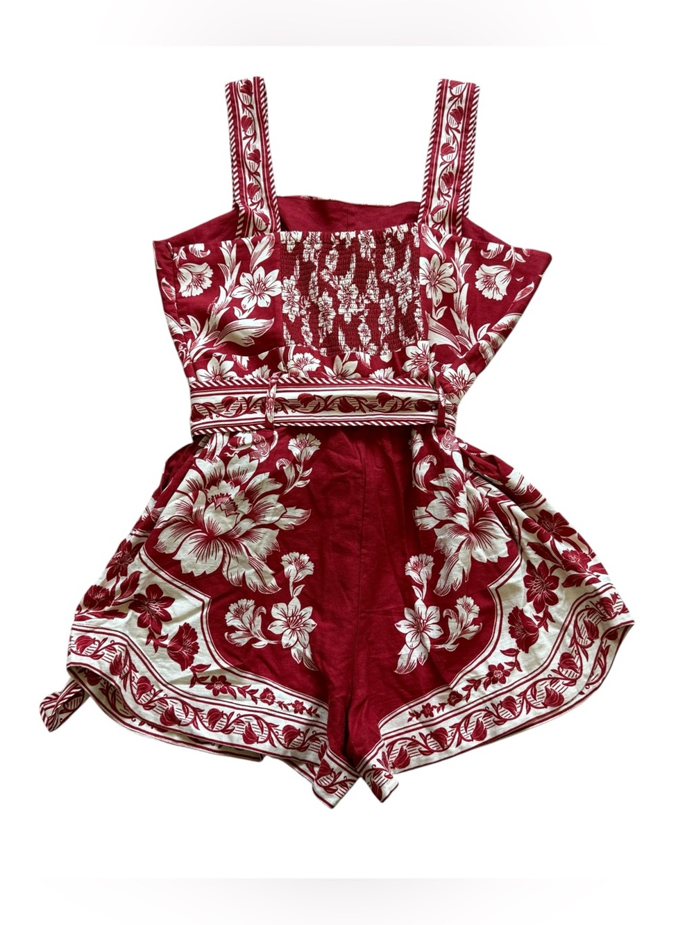 FARM Rio Guanacaste Red Gathering Romper L NWT Linen Floral Belted Jumpsuit $198 - Picture 15 of 16